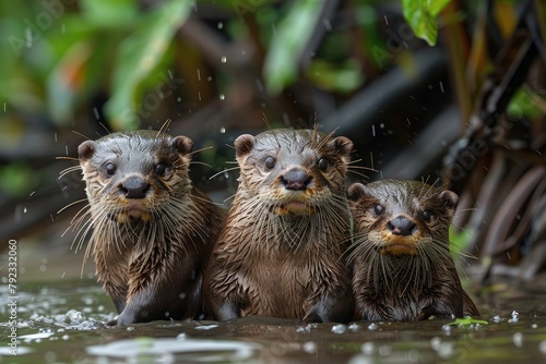 A family of otters playing on the riverbank, capturing the essence of riverine wildlife in action © Vilaysack