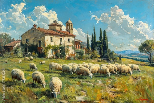 A flock of sheep grazing peacefully in a pasture, with a quaint village in the distance