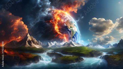 "The Earth, Space, Fire, Water, and Creation are the Five Fundamental Elements of Nature. Conceptual representation of Earth, Space, Fire, Water, and Creation, showcasing their interconnectedness and 