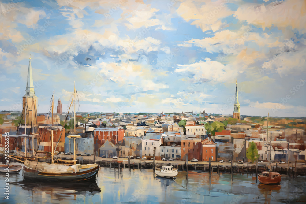 Fototapeta premium aerial seaside cityscape oil painting, artwork.