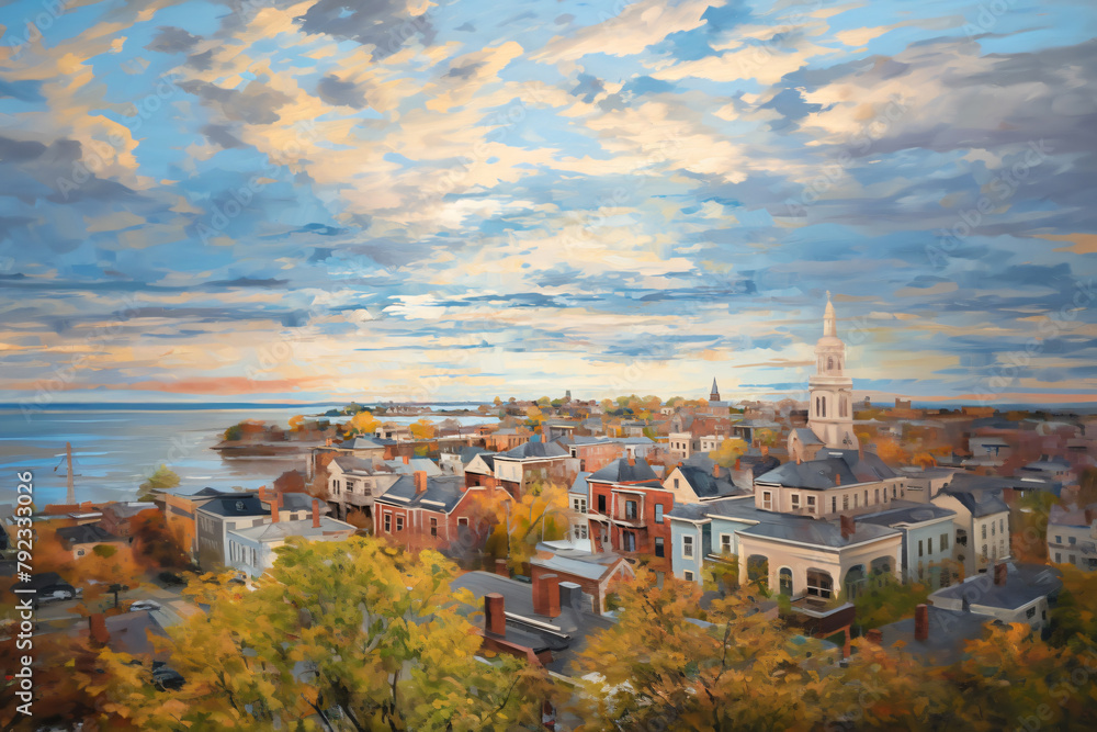 Obraz premium aerial seaside cityscape oil painting, artwork.