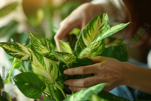 Identifying and treating diseases in indoor plants including sunburn and damaged leaves Female hands are shown cutting leaves with selective focus photo
