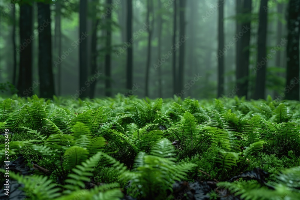 Close-up of ferns and undergrowth in a misty forest, highlighting the ecosystems richness Close-up of ferns and undergrowth in a misty forest, highlighting the ecosystems richness