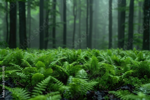 Close-up of ferns and undergrowth in a misty forest, highlighting the ecosystems richness photo