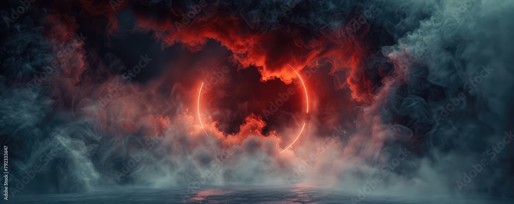 Fototapeta premium abstract red neon circle amidst mysterious in dark clouds.