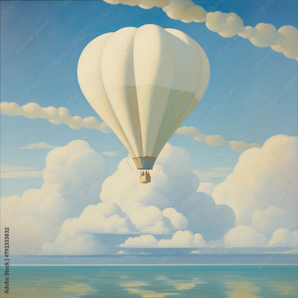 Fototapeta premium a calm relaxing nursery, story book illustration, painting of a hot air ballon in puffy clouds muted whites, blues, tans. social media post, art,