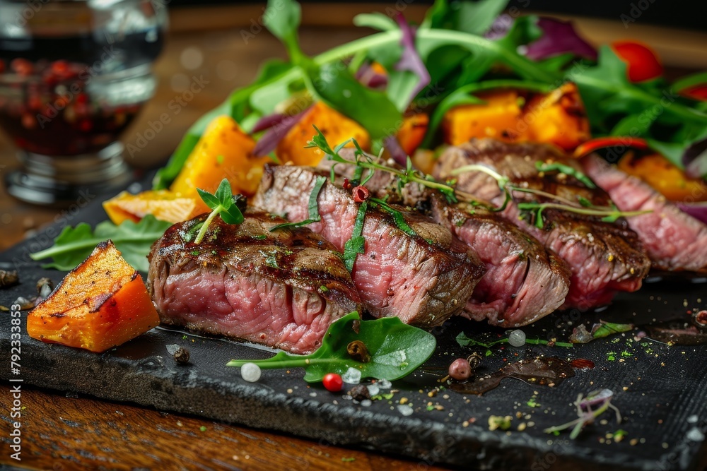 Grilled medium rare beef steak with vegetables roasted pumpkin and leafy green herb salad in a rustic pub