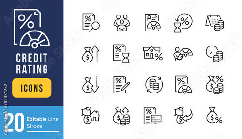 Set of Credit Rating Related Vector Line Icons. Contains such Icons as Mortgage, Guarantors, Bank building and more. Editable Stroke. photo