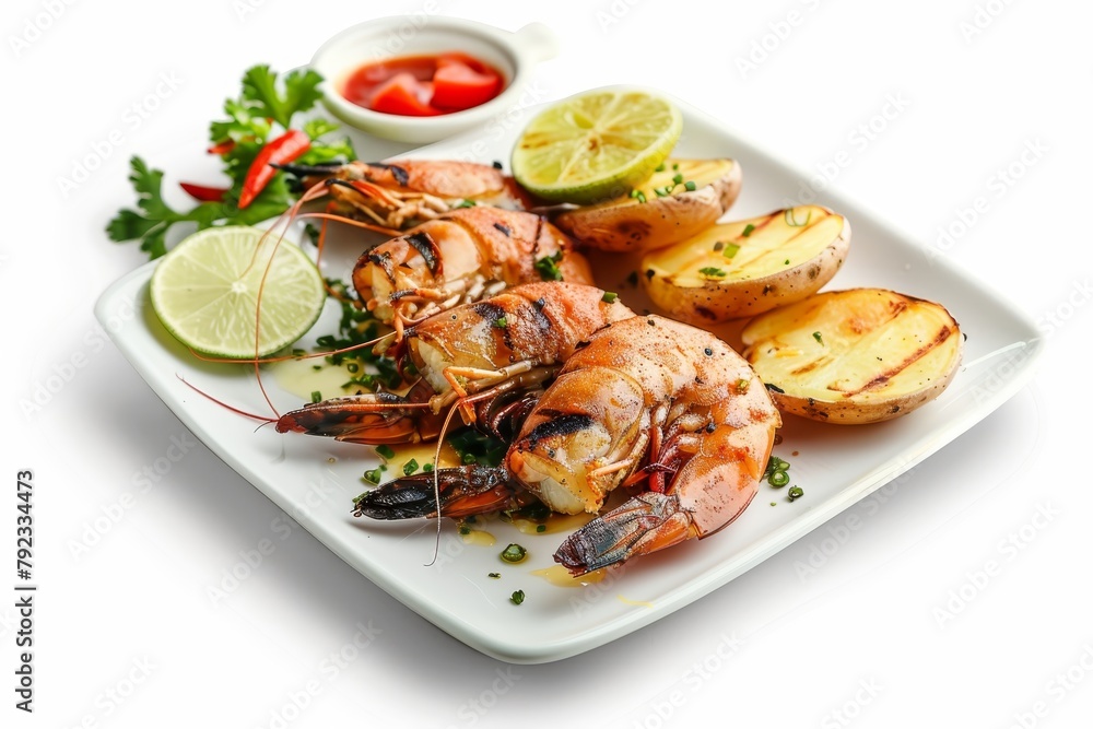 Grilled shrimp and potatoes with lime tomato fresh vegetables and chili seafood sauce on white plate