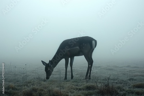 The silhouette of a deer quietly grazing in the early morning fog