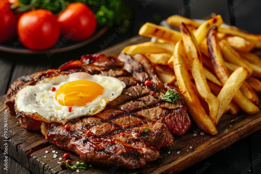 Grilled steaks with fries egg and veggies