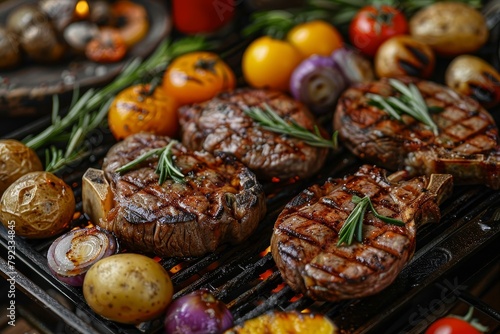 Grilled steaks with potatoes and veggies