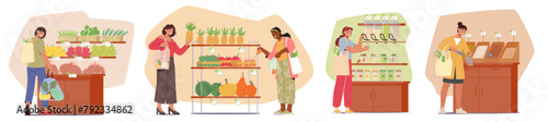 Women Characters With Eco Bags Choose Products In Market Store Prioritizing Sustainable Options, Organic Produce