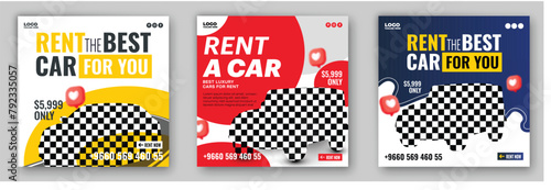 Creative ads collection of car rental service advertisement promotional social media post template design. Car rent service post bundle illustration