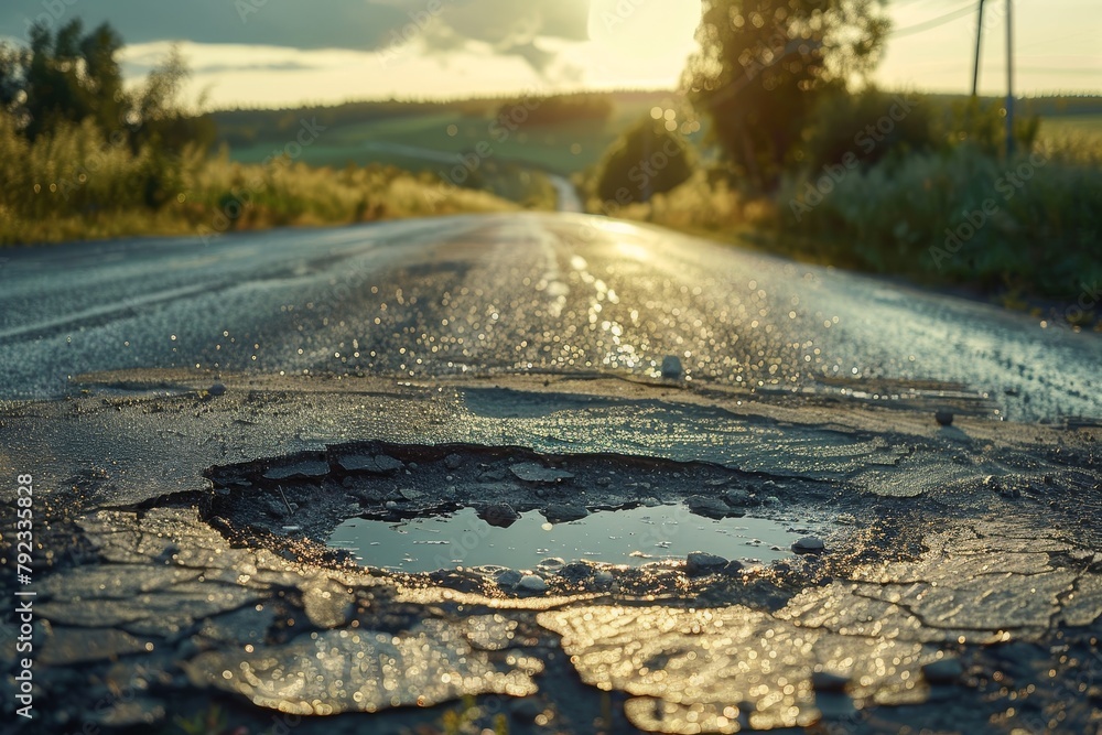 Fototapeta premium hazardous road hole in summer asphalt