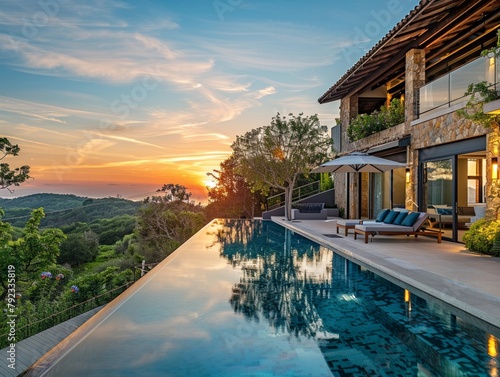 Blossomfilled villa overlooking a serene landscape, a perfect blend of luxury and tranquility © Chanoknan