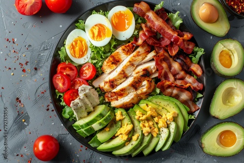 Healthy American cobb salad with chicken avocado bacon tomato cheese eggs top view