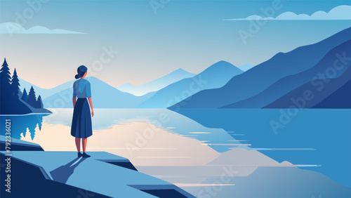 A woman stands at the edge of a tranquil lake gazing out at the peaceful water in front of her. In the stillness of the moment she reflects on