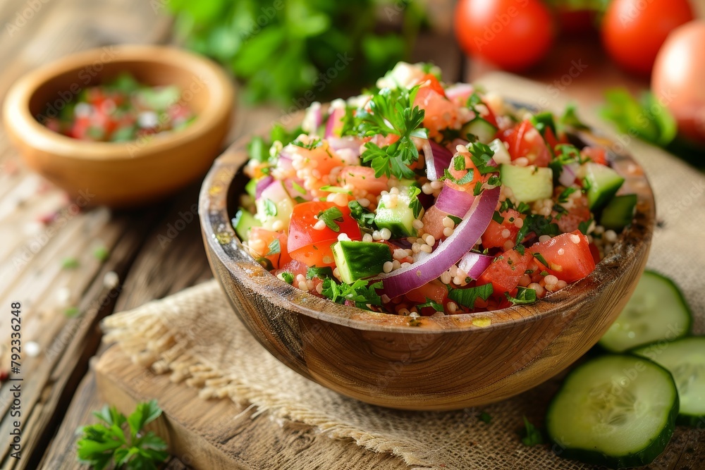 Healthy vegan salad with tomato cucumber red onion bulgur and parsley Healthy vegan salad with tomato cucumber red onion bulgur and parsley