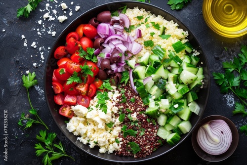 Healthy salad bowl with tabbouleh Greek salad fresh parsley olives onions feta and quinoa photo