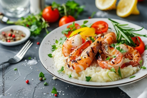 Healthy seafood risotto with grilled prawns and vegetables on a grey background