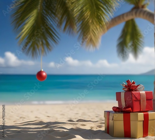 Christmas time spent at the beach in summer. A christmas tree surrounded by presents on a beautiful sandy beach © MDSAYDUL