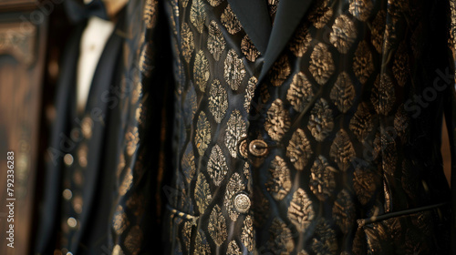 A striking black and gold suit with a sscale pattern reflecting the Wild Wests dangerous and decadent nature. . photo