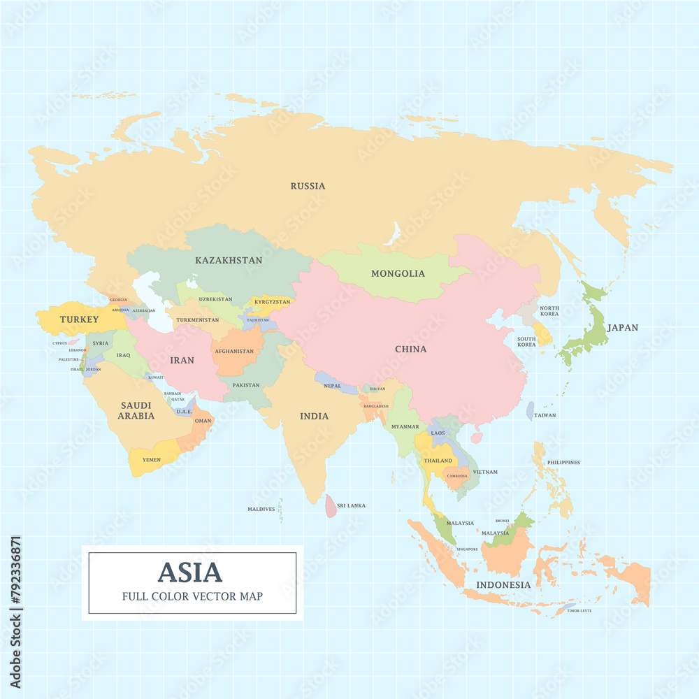 Asia Map separated country full color with the country name for design an decoration.