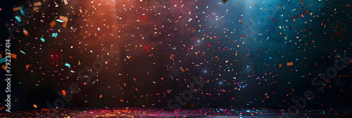 a dark limbo background with a few colorful confetti falling from above, on the left of the image theres a light from a reddish spotlight hitting the floor photo