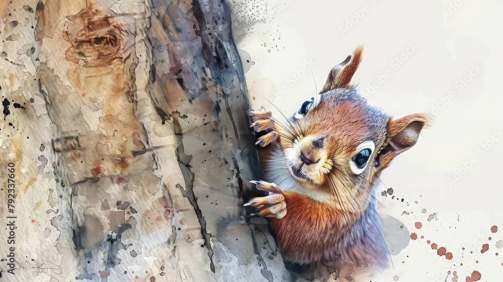 squirrel on a tree watercolor painting 