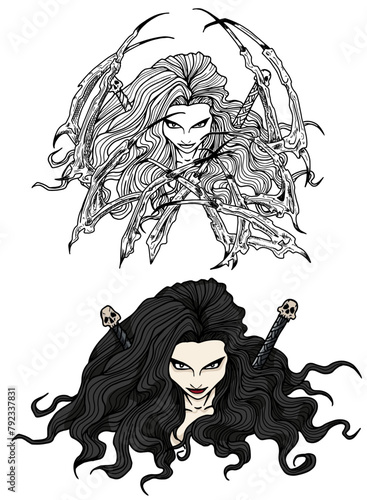 Scary fantasy engraved illustration with beautiful woman as demon. Esoteric, mystic and gothic concept, Halloween background, character design, coloring page