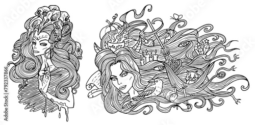 Scary fantasy engraved illustrations with beautiful women as witches and demons. Esoteric, mystic and gothic concept, Halloween background, character design, coloring page