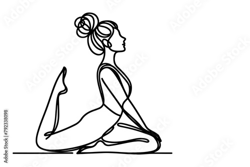yoga international yoga day. Woman does exercises with hand to relaxation line art drawing style black linear sketch, hand drawing doodle girl engaged in yoga