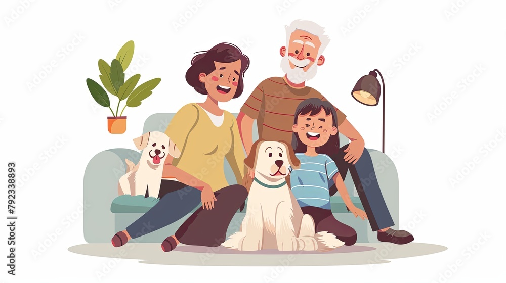 Happy old and young people at home with their pet animal. Friendship and love of human and pet connection for the family Happy old and young people at home with their pet animal. Friendship and love of human and pet connection for the family