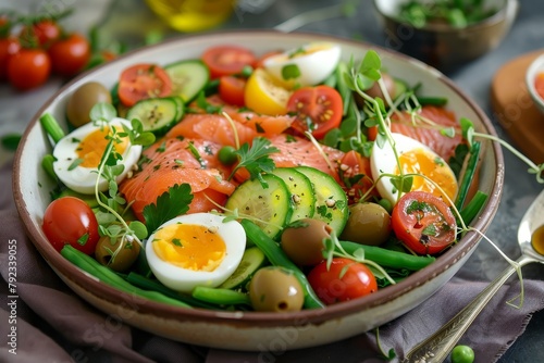 Nourishing Nicoise salad with salmon cherry tomatoes olives green beans cucumber eggs and watercress seasoned Mediterranean style