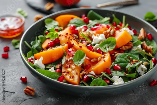 Nutritious autumn salad with persimmon spinach nuts goat cheese pomegranate and pumpkin seeds High in vitamins and superfoods
