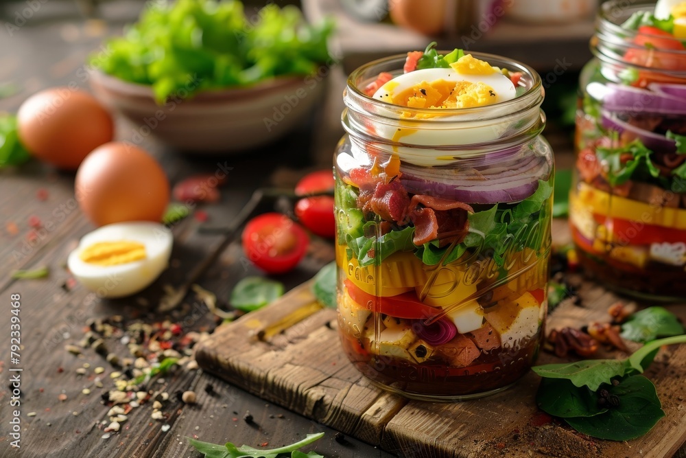 Nutritious Mason Jar Salad with Egg Bacon Lettuce and Vegetables Nutritious Mason Jar Salad with Egg Bacon Lettuce and Vegetables