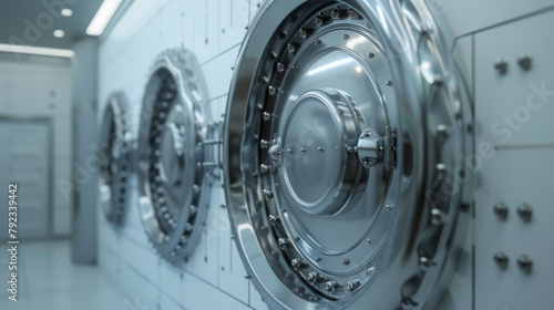 A series of secure, vault-like bank doors line a corridor, symbolizing safety, security, and financial institution robustness.