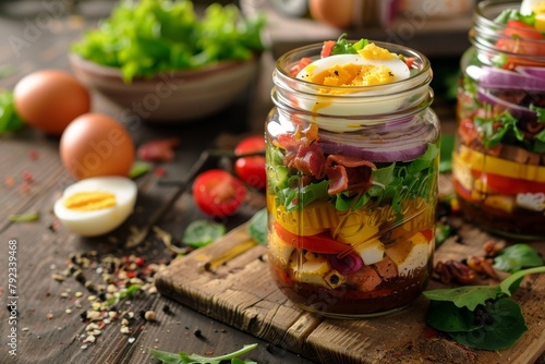 Nutritious Mason Jar Salad with Egg Bacon Lettuce and Vegetables