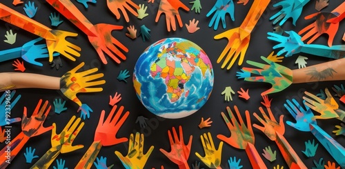 World Day of Peace and International Diversity or Earth Day and international world culture as a concept of diversity and crowd cooperation symbol diverse hands holding together the planet Earth.