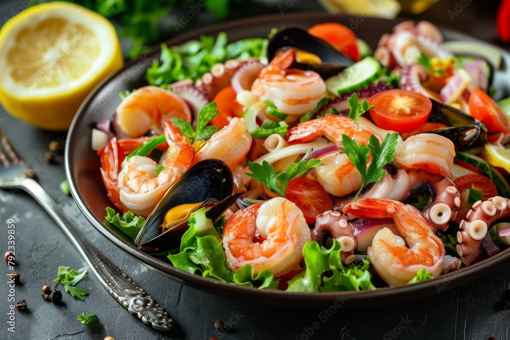 Nutritious seafood salad with shrimp octopus and mussels Nutritious seafood salad with shrimp octopus and mussels