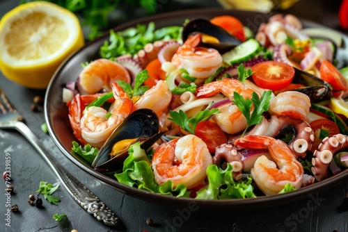Nutritious seafood salad with shrimp octopus and mussels