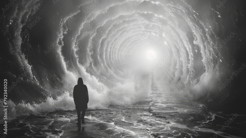 Obraz premium staring into the abyss light at the end of the tunnel abstract silhouette background wallpaper,art photo