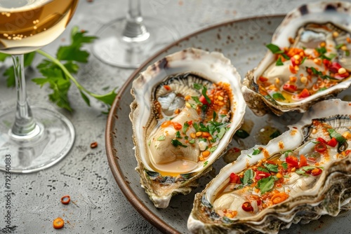 Plated open Fines de Claire oysters with spicy sauce and white wine on concrete background photo
