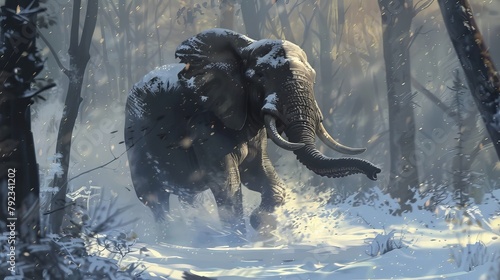 Elephant Running From Forest Snow