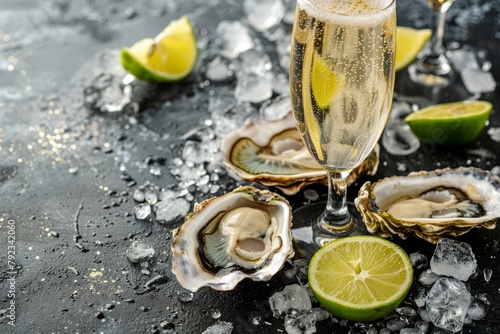 Prosecco bar with open oysters on ice beside a champagne glass and copy space Background image