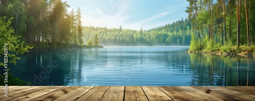 A calming waterfront view, inviting one to relax on a wooden dock leading to a serene lake surrounded by lush green forests. copy space for text.