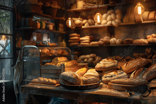 Cozy bakery scene with a display of handcrafted breads, including sourdough, baguettes, and multigrain loaves, warm ambient lighting