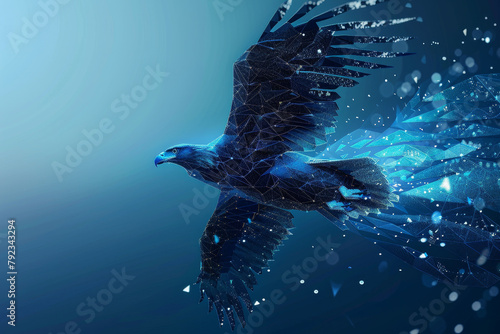 A blue bird with a white head flying through the sky photo