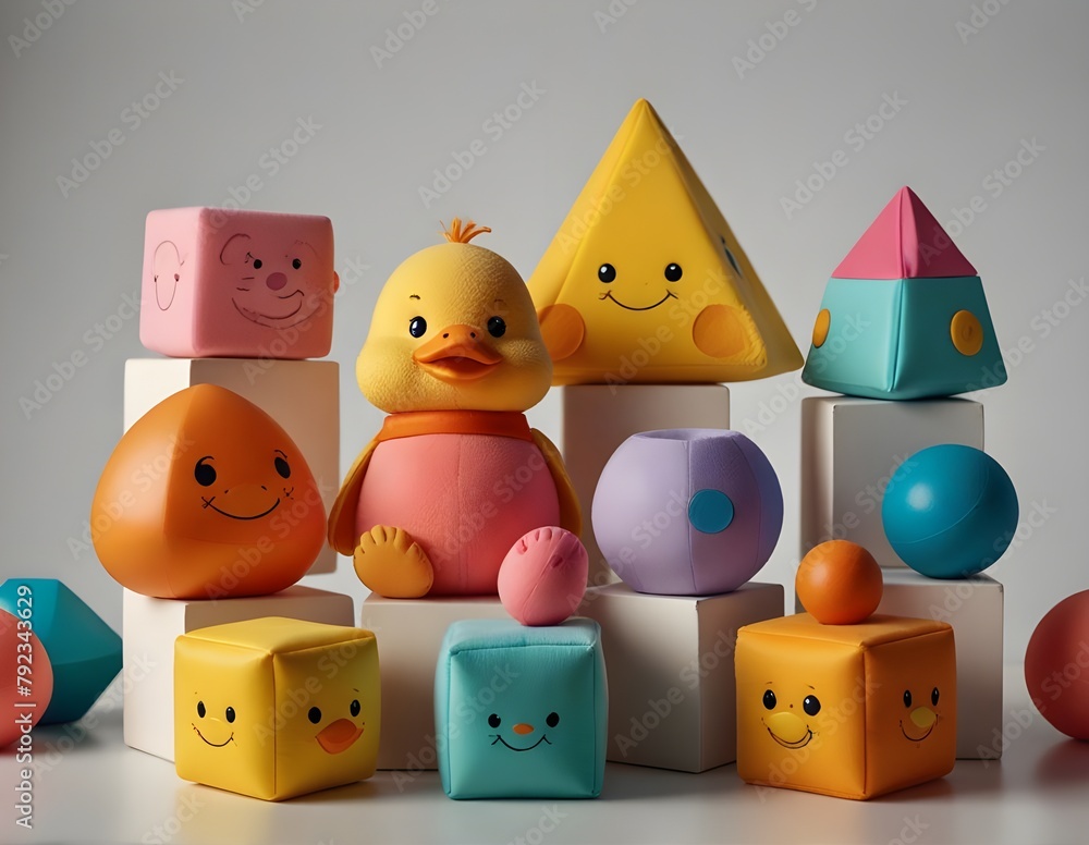 Collection of bright soft baby toys including rattle toy, pyramid, cubes and duck vector illustration isolated on white background
Collection of bright soft baby toys including rattle toy, pyramid, cubes and duck vector illustration isolated on white background